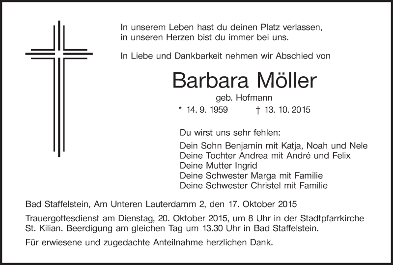  Traueranzeige für Barbara Möller vom 17.10.2015 aus MGO