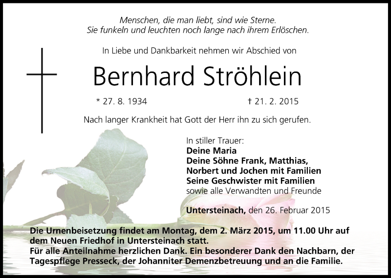  Traueranzeige für Bernhard Ströhlein vom 26.02.2015 aus MGO