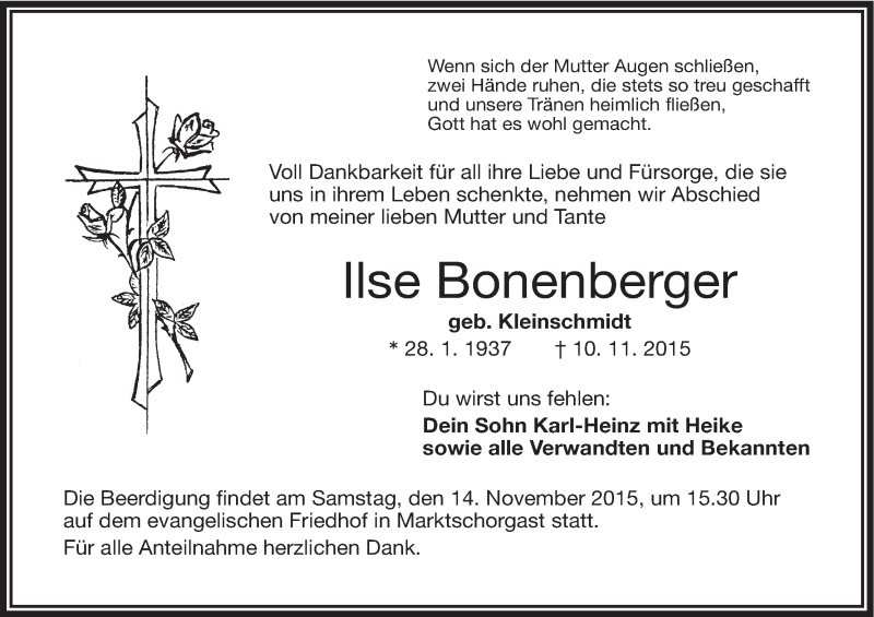  Traueranzeige für Ilse Bonenberger vom 12.11.2015 aus MGO