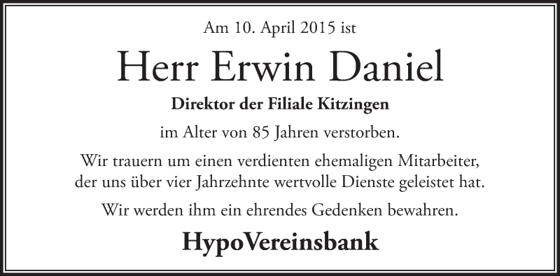  Traueranzeige für Erwin Daniel vom 15.04.2015 aus MGO