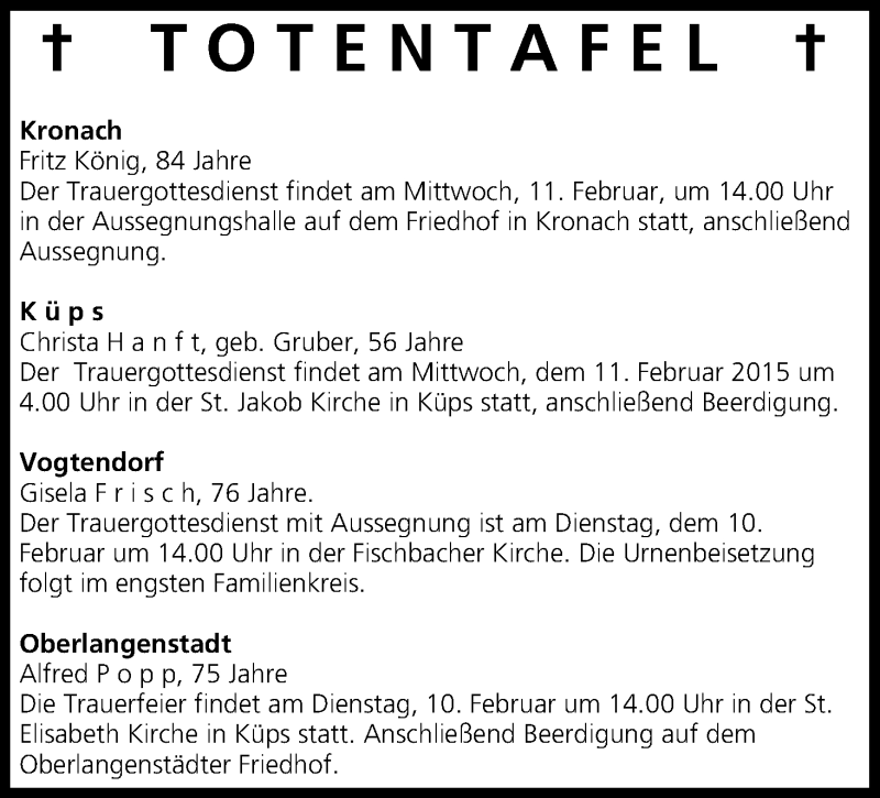  Traueranzeige für Totentafel vom 10.02.2015 vom 10.02.2015 aus MGO