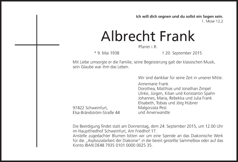  Traueranzeige für Albrecht Frank vom 22.09.2015 aus MGO
