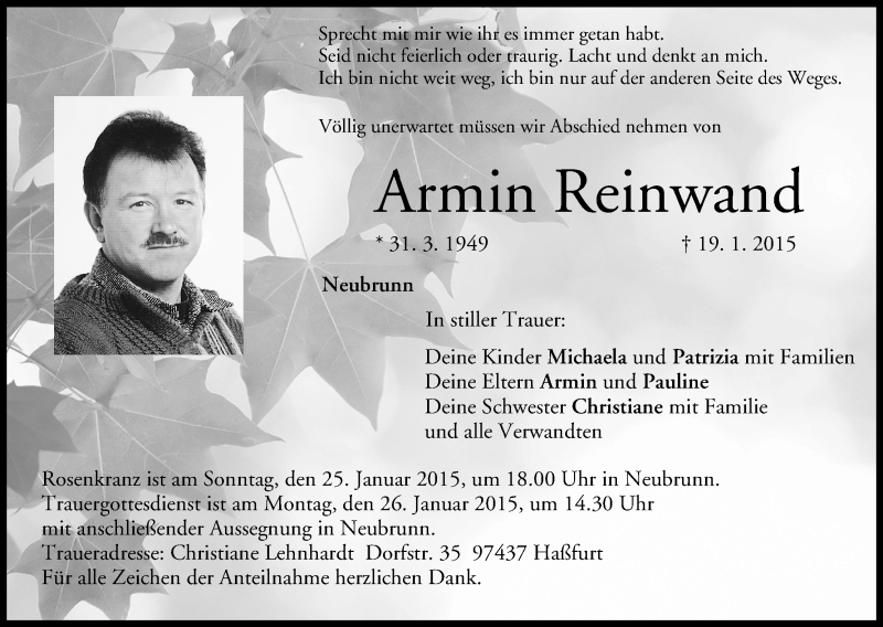  Traueranzeige für Armin Reinwand vom 23.01.2015 aus MGO