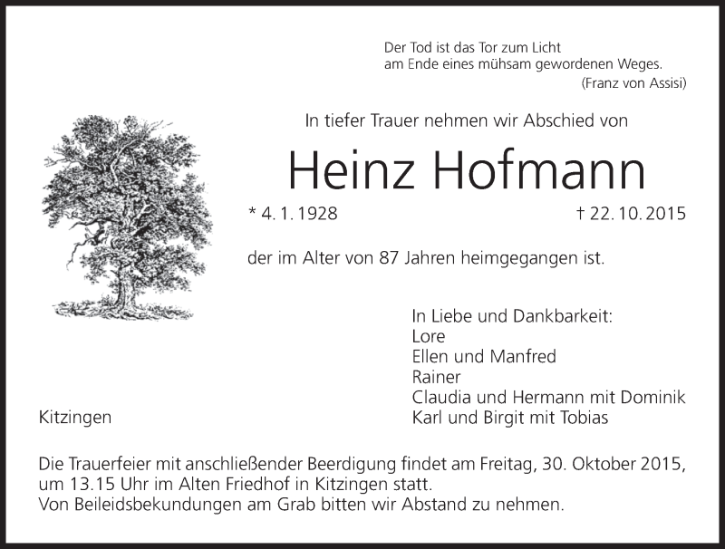  Traueranzeige für Heinz Hofmann vom 28.10.2015 aus MGO