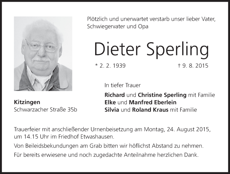  Traueranzeige für Dieter Sperling vom 22.08.2015 aus MGO
