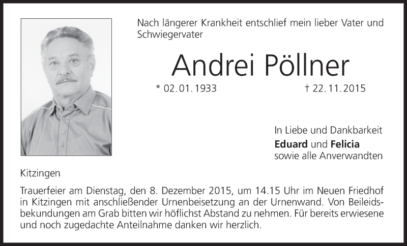  Traueranzeige für Andrei Pöllner vom 05.12.2015 aus MGO