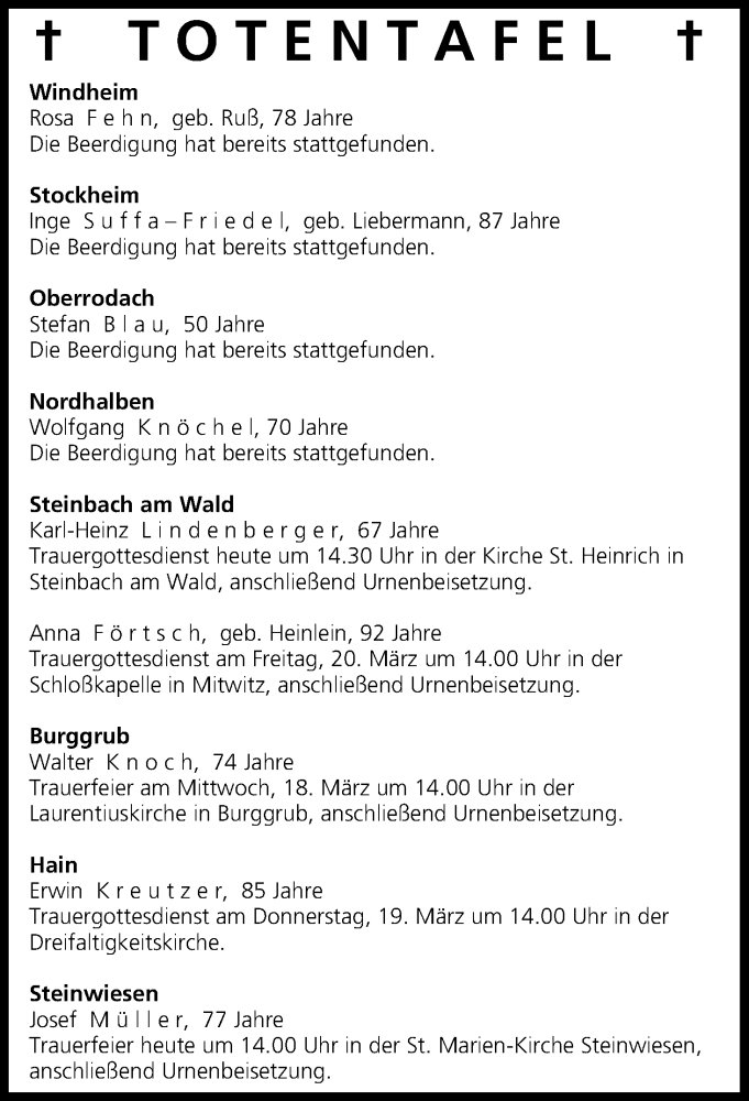  Traueranzeige für Totentafel vom 17.03.2015 vom 17.03.2015 aus MGO