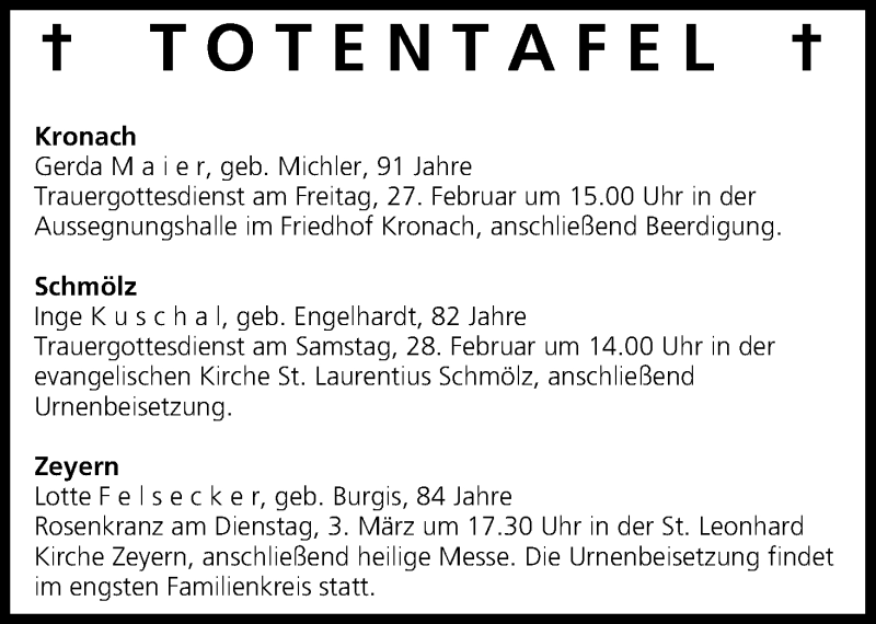  Traueranzeige für Totentafel vom 27.02.2015 vom 27.02.2015 aus MGO