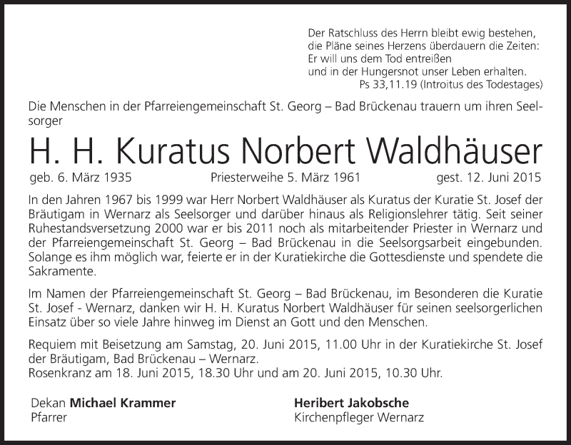  Traueranzeige für Norbert Waldhäuser vom 17.06.2015 aus MGO