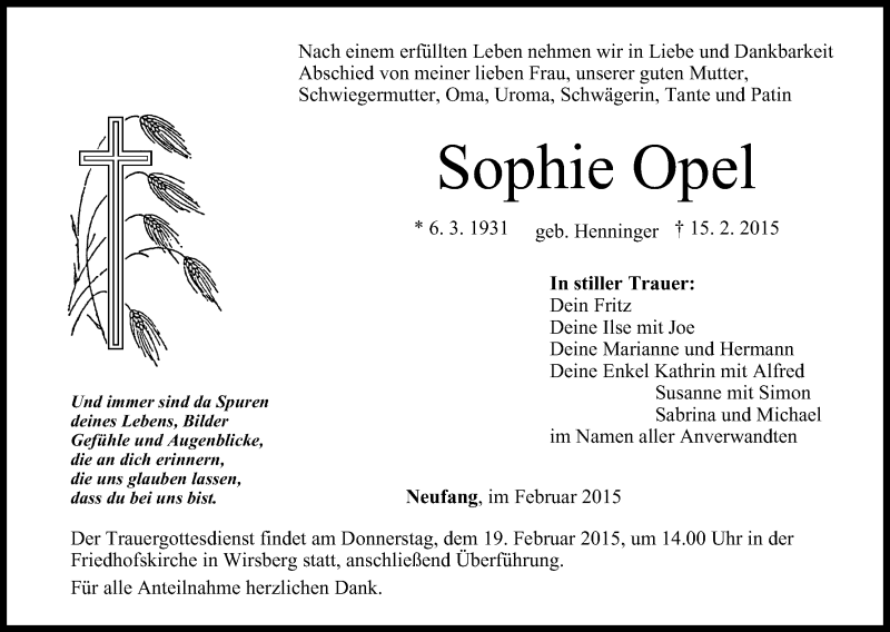  Traueranzeige für Sophie Opel vom 18.02.2015 aus MGO