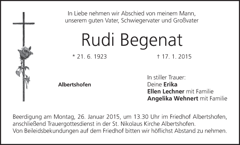  Traueranzeige für Rudi Begenat vom 23.01.2015 aus MGO