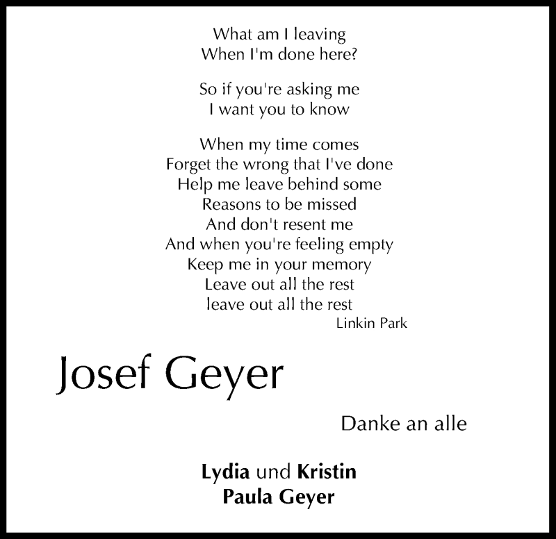  Traueranzeige für Josef Geyer vom 01.05.2015 aus MGO