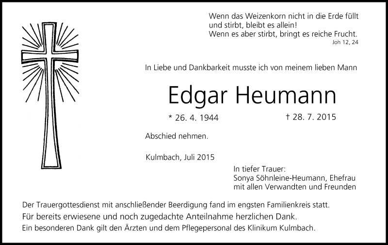  Traueranzeige für Edgar Heumann vom 01.08.2015 aus MGO