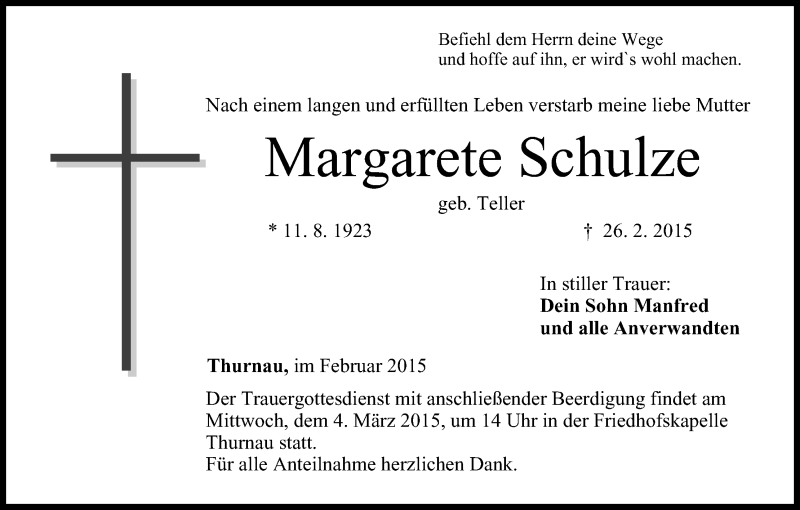  Traueranzeige für Margarete Schulze vom 28.02.2015 aus MGO