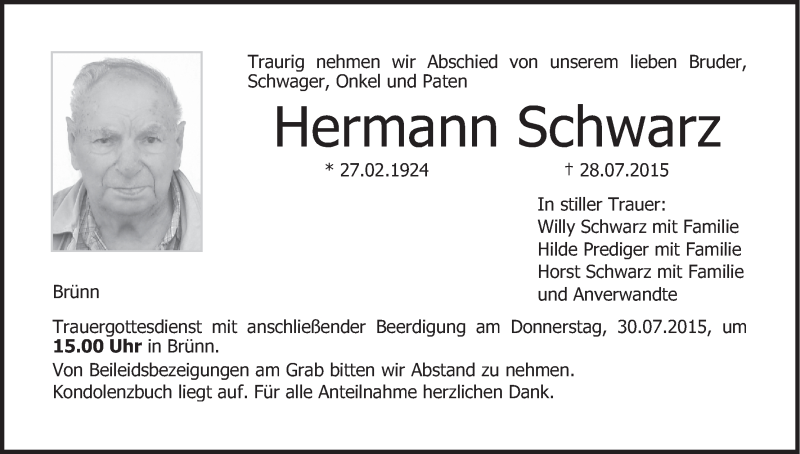  Traueranzeige für Hermann Schwarz vom 29.07.2015 aus MGO