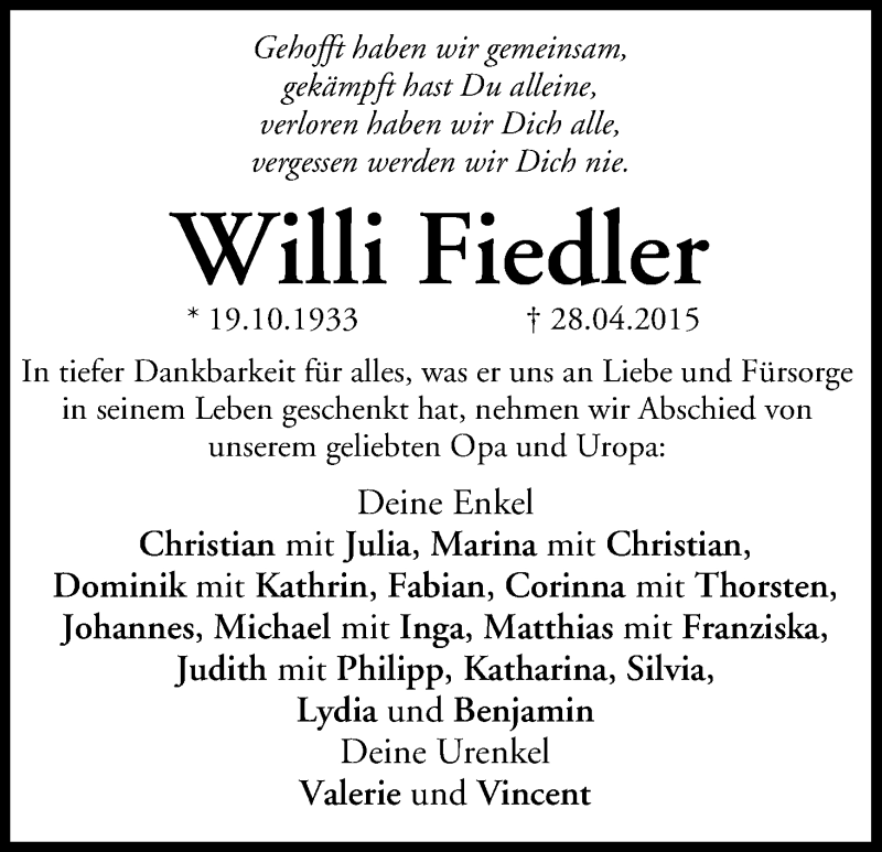  Traueranzeige für Willi Fiedler vom 04.05.2015 aus MGO