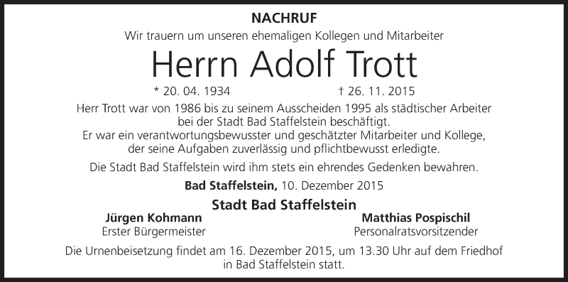  Traueranzeige für Adolf Trott vom 11.12.2015 aus MGO