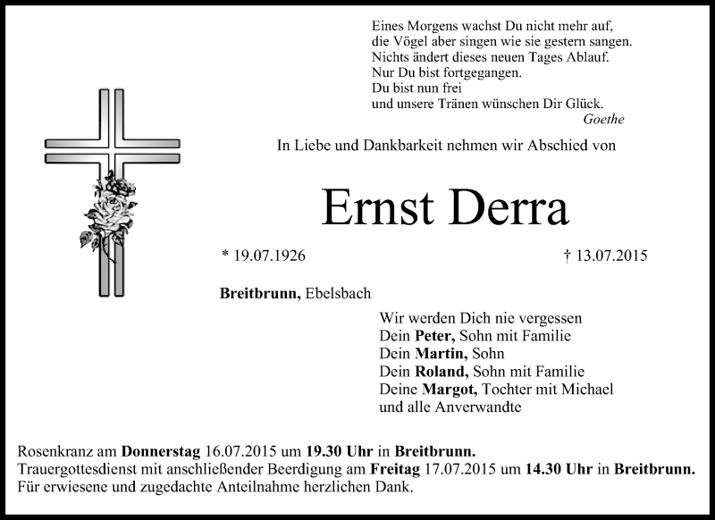  Traueranzeige für Ernst Derra vom 15.07.2015 aus MGO
