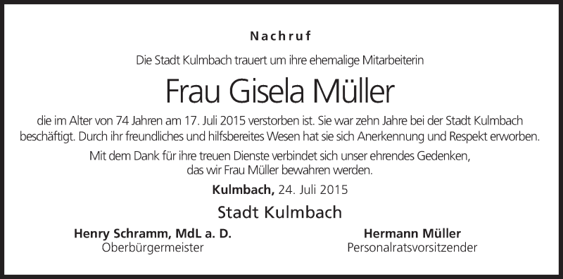  Traueranzeige für Gisela Müller vom 24.07.2015 aus MGO