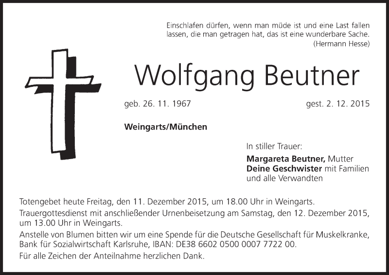  Traueranzeige für Woolfgang Beutner vom 11.12.2015 aus MGO