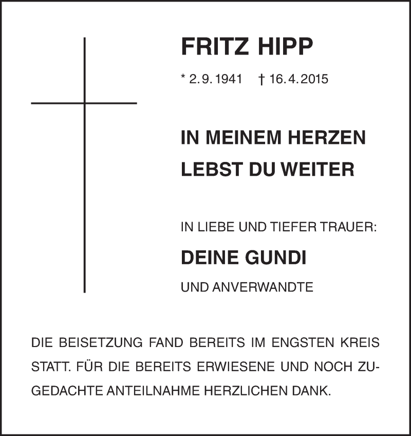  Traueranzeige für Fritz Hipp vom 09.05.2015 aus MGO