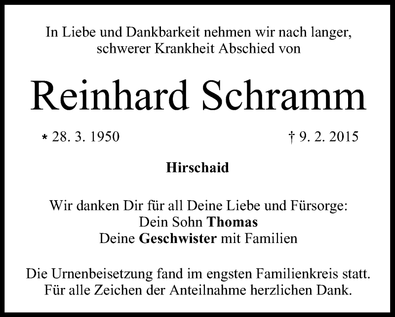  Traueranzeige für Reinhard Schramm vom 07.03.2015 aus MGO