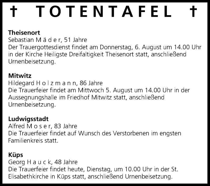  Traueranzeige für Totentafel vom 04.08.2015 vom 04.08.2015 aus MGO