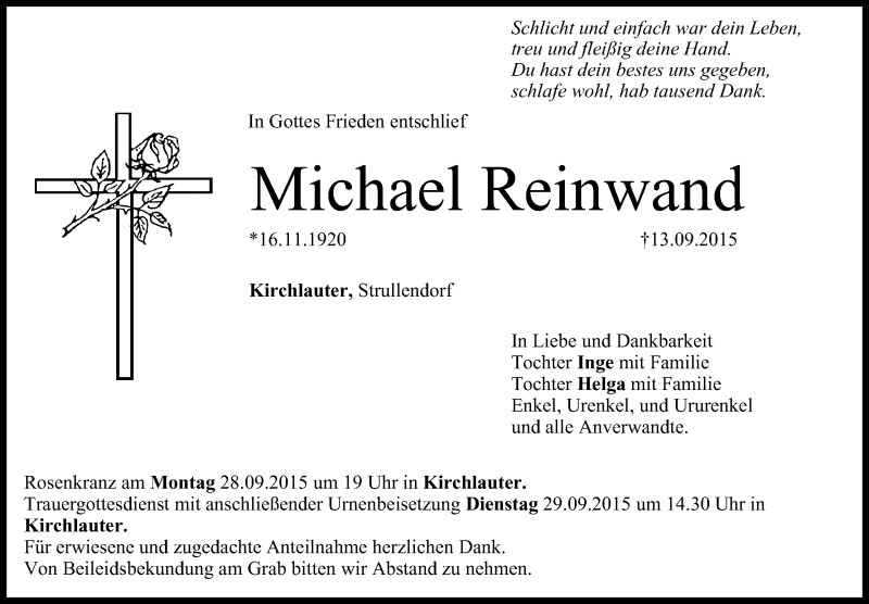  Traueranzeige für Michael Reinwand vom 24.09.2015 aus MGO