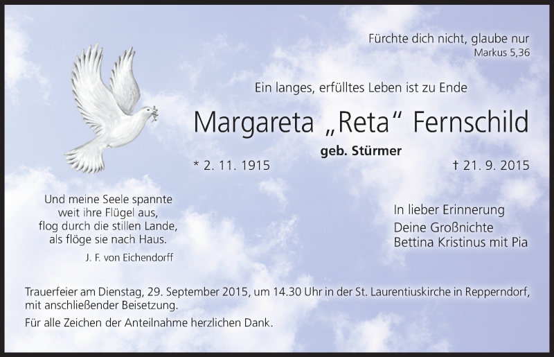  Traueranzeige für Margareta Fernschild vom 26.09.2015 aus MGO