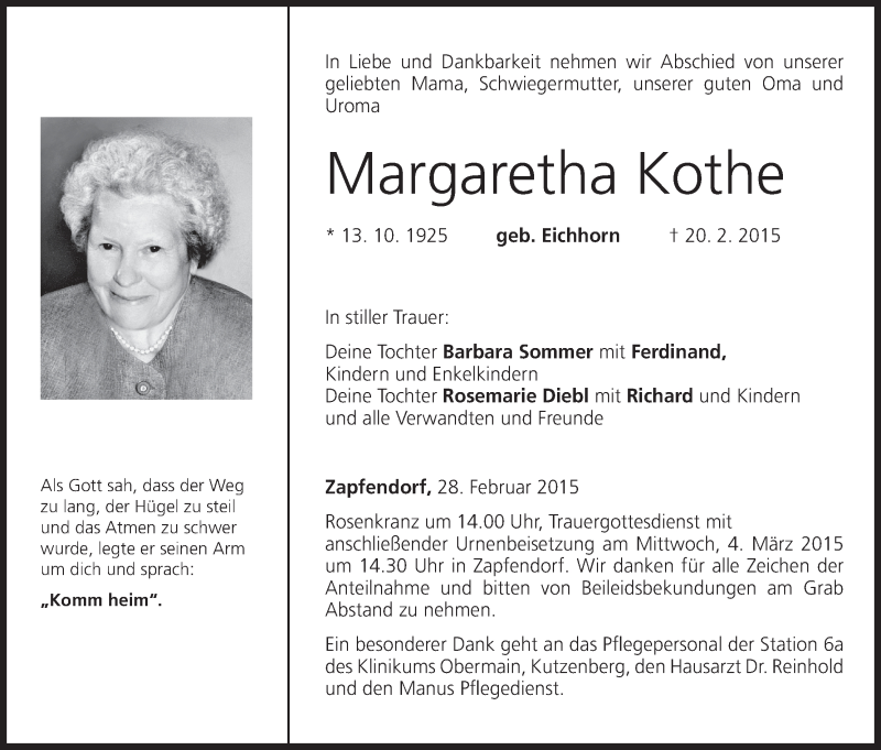  Traueranzeige für Margaretha Kothe vom 28.02.2015 aus MGO