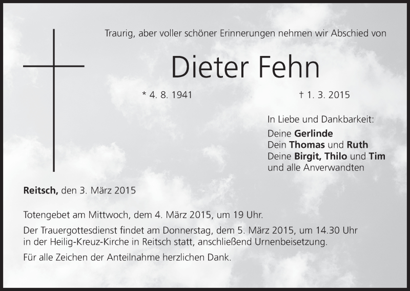  Traueranzeige für Dieter Fehn vom 03.03.2015 aus MGO