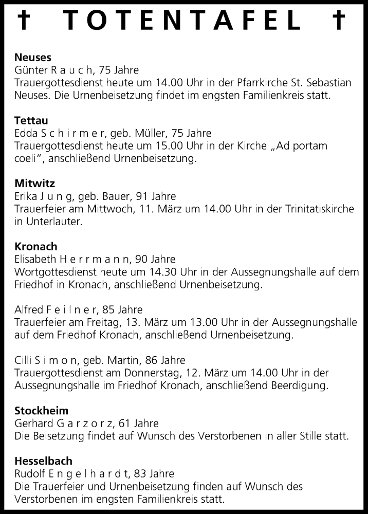  Traueranzeige für Totentafel vom 10.03.2015 vom 10.03.2015 aus MGO
