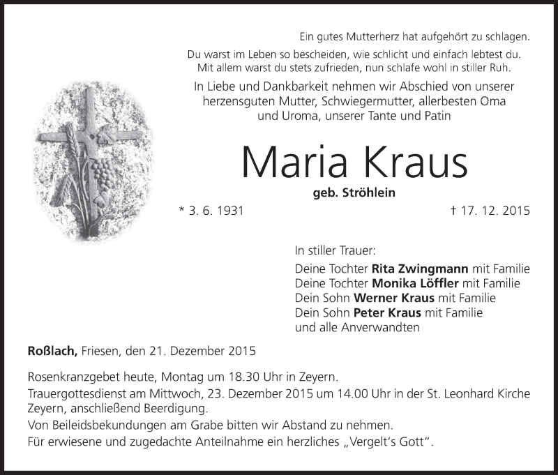  Traueranzeige für Maria Kraus vom 21.12.2015 aus MGO