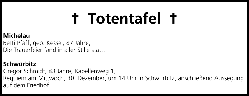  Traueranzeige für Totentafel vom 30.12.2015 vom 30.12.2015 aus MGO