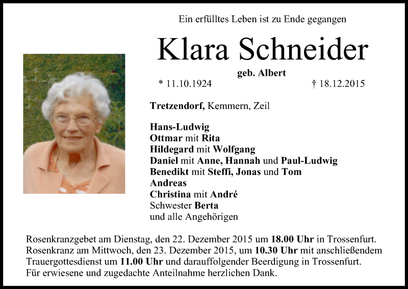  Traueranzeige für Klara Schneider vom 21.12.2015 aus MGO