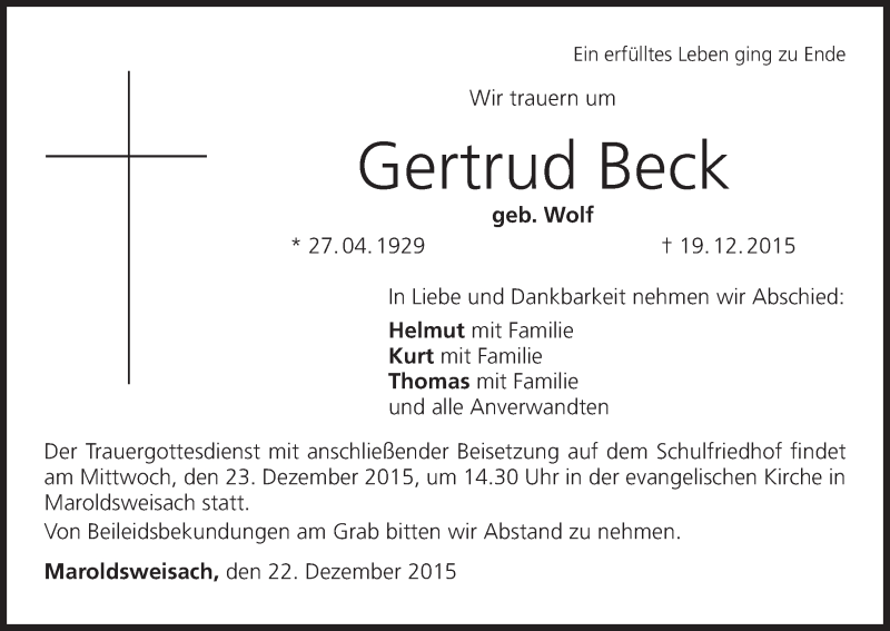  Traueranzeige für Gertrud Beck vom 22.12.2015 aus MGO