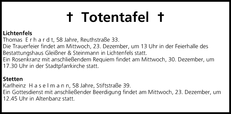  Traueranzeige für Totentafel vom 23.12.2015 vom 23.12.2015 aus MGO