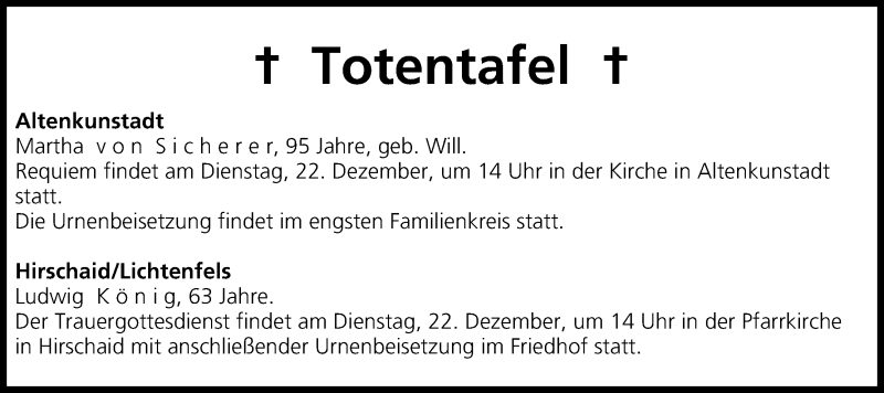  Traueranzeige für Totentafel vom 19.12.2015 vom 19.12.2015 aus MGO