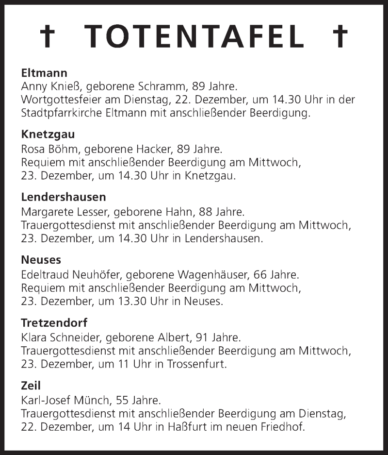  Traueranzeige für Totentafel vom 22.12.2015 vom 22.12.2015 aus MGO