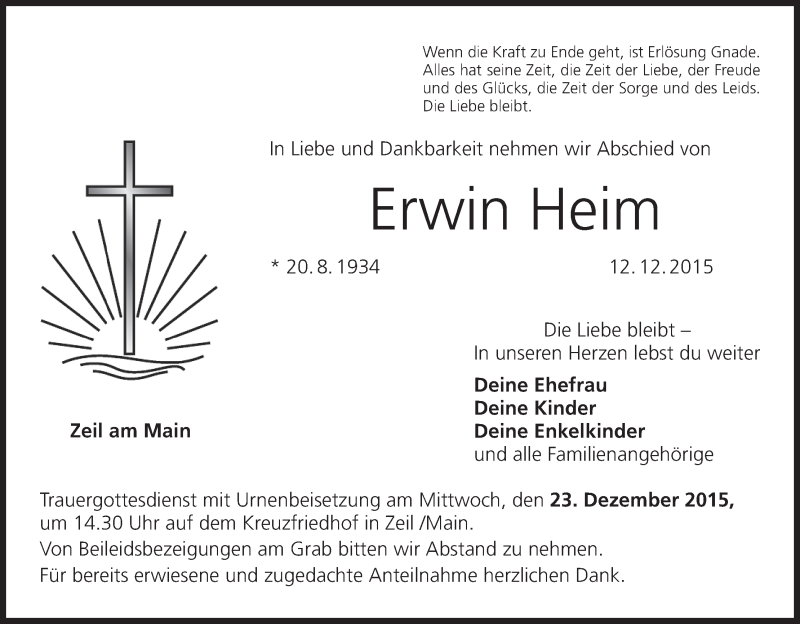  Traueranzeige für Erwin Heim vom 17.12.2015 aus MGO
