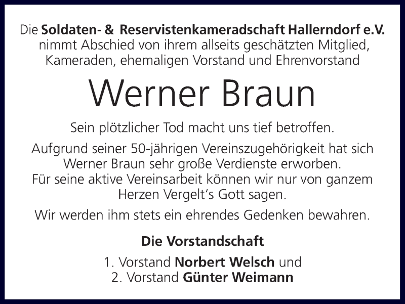  Traueranzeige für Werner Braun vom 21.12.2015 aus MGO