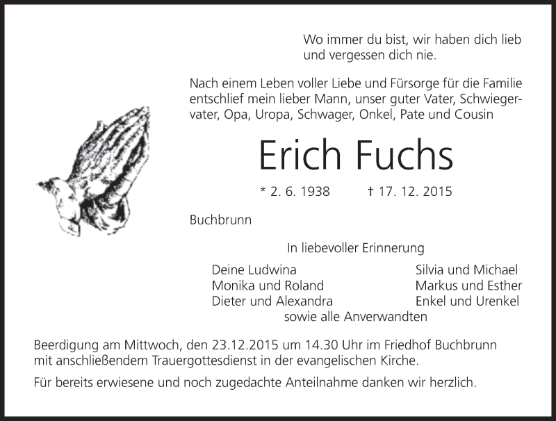  Traueranzeige für Erich Fuchs vom 21.12.2015 aus MGO