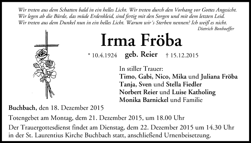  Traueranzeige für Irma Fröba vom 18.12.2015 aus MGO