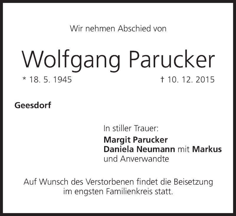  Traueranzeige für Wolfgang Parucker vom 29.12.2015 aus MGO