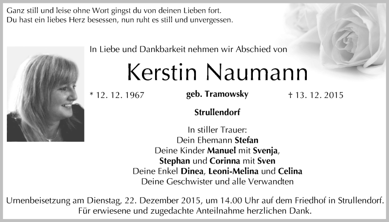  Traueranzeige für Kerstin Naumann vom 19.12.2015 aus MGO