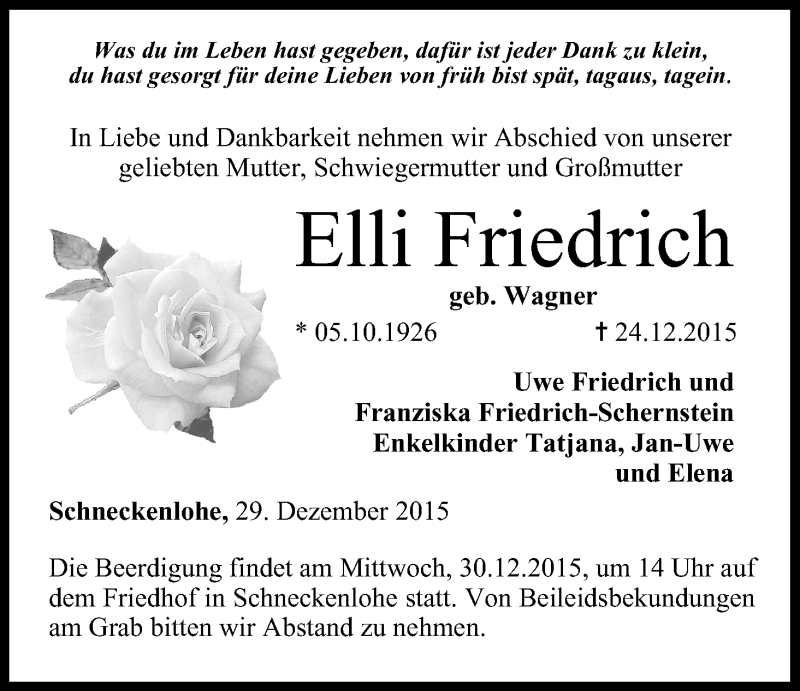  Traueranzeige für Elli Friedrich vom 29.12.2015 aus MGO