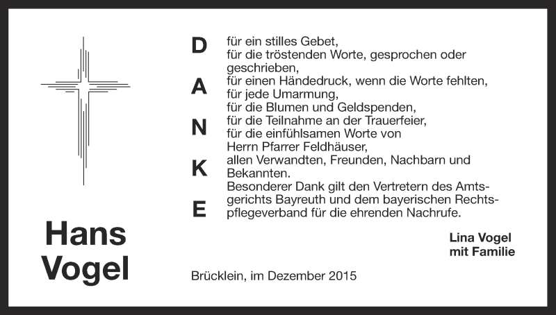 Traueranzeige für Hans Vogel vom 30.12.2015 aus MGO
