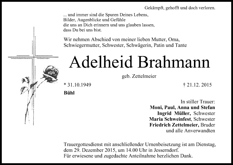  Traueranzeige für Adelheid Brahmane vom 28.12.2015 aus MGO