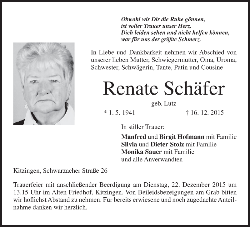  Traueranzeige für Renate Schäfer vom 19.12.2015 aus MGO