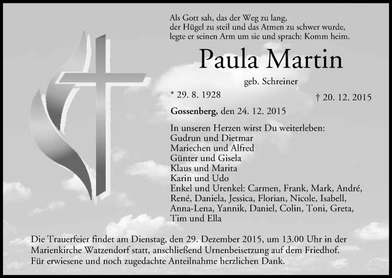  Traueranzeige für Paula Martin vom 24.12.2015 aus MGO